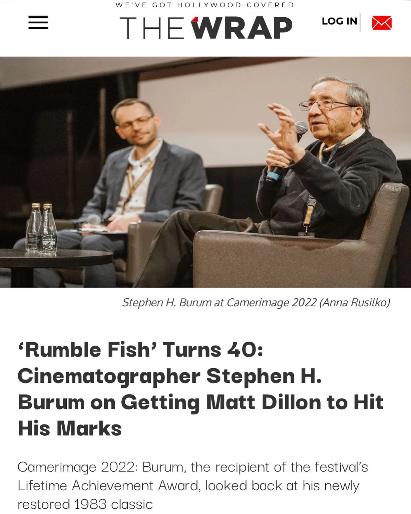 A lovely recap of Stephen H Burum’s look back on the making of Rumble Fish. Congrats Stephen H. Burum on his lifetime achievement award from the CamerImage Festival in Poland! Link in bio and stories! #StephenHBurum #Camerimage2022 #RumbleFish #cinematography #MattDillon