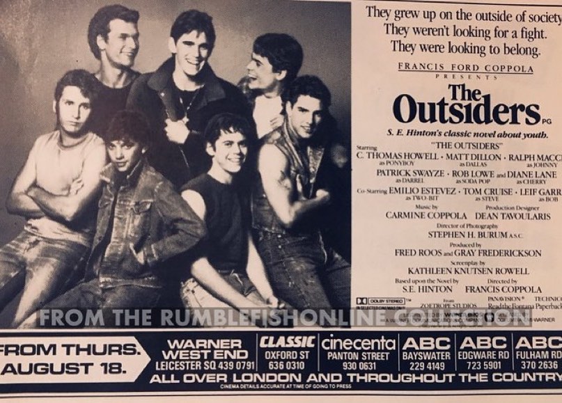 A throwback Thursday to #TheOutsiders theatrical ad for London film screenings! Where did you first watch #TheOutsiders? This post is dedicated to #rumblefish fan @edgarwright and @londonfilmads